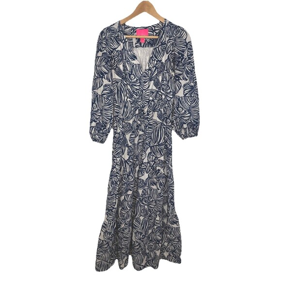 Lilly Pulitzer Blue White Cotton Maxi Puff Mid Sleeve Party Dress 4 - Picture 1 of 6